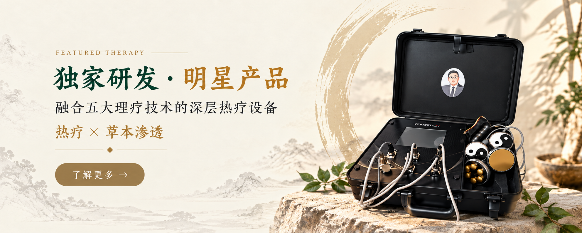 独家研发·明星产品，融合五大理疗技术的深层热疗设备。热疗与草本渗透。了解更多。